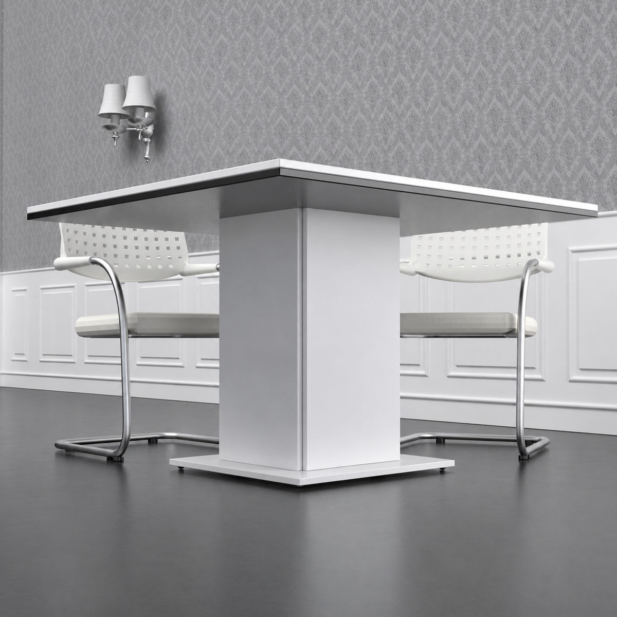 Mesa de reunión cuadrada Eslem blanca en ambiente de oficina